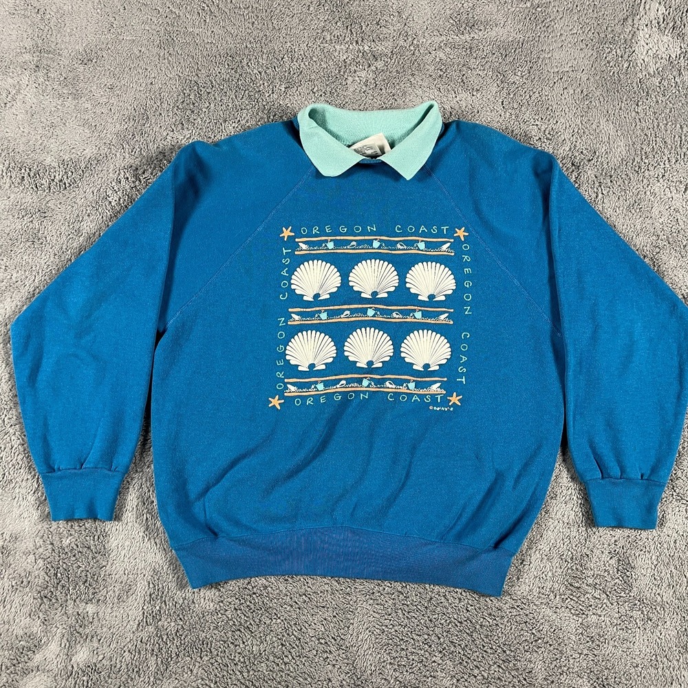 Vintage Tultex Oregon Coast Sweatshirt Mens Large Blue Fleece Lined Collared
